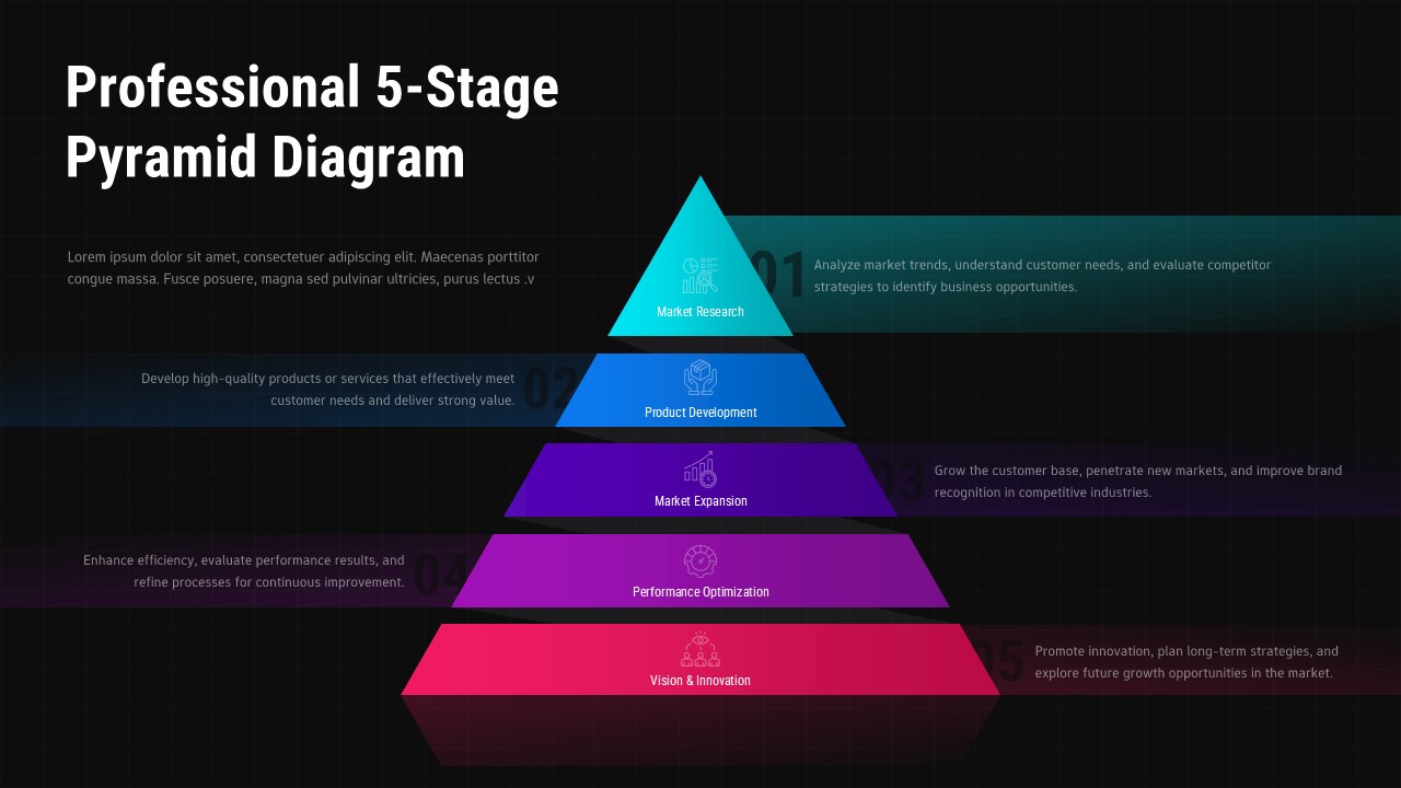 5-stage pyramid diagram template with vibrant colors on dark background