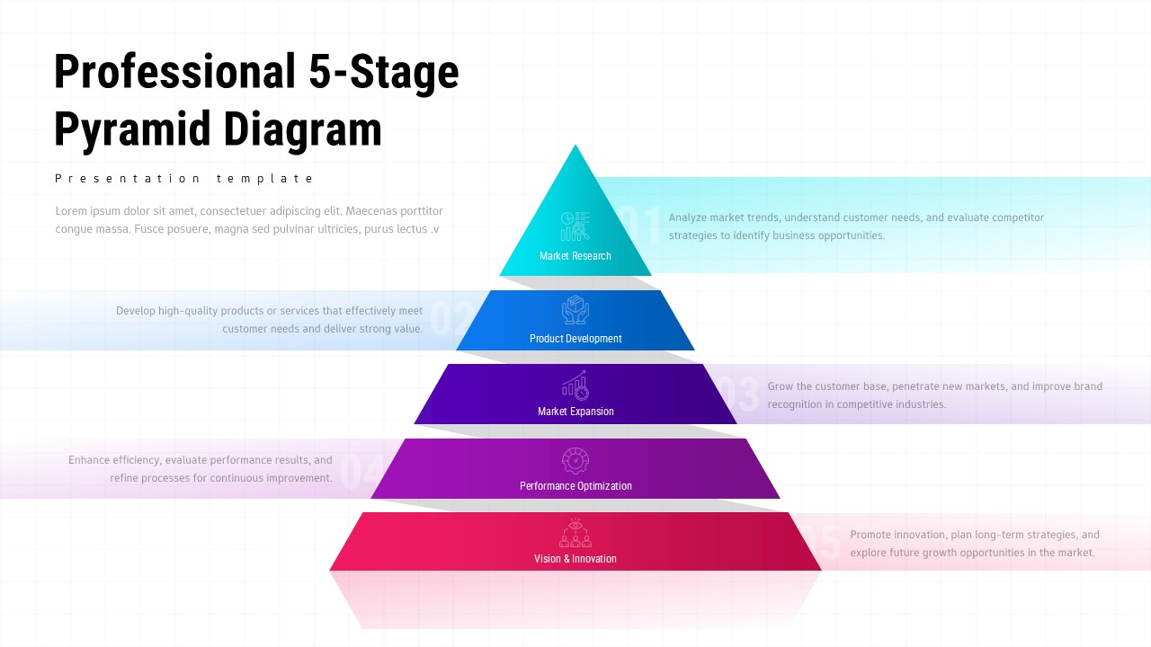 Professional 5-stage pyramid diagram template with colorful levels on light background
