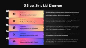 Dark-themed 5-step process template showing professional gradient strips ideal for executive boardroom presentations
