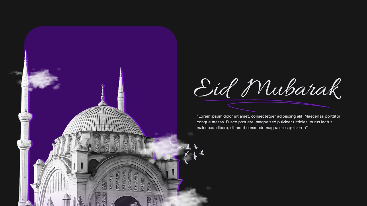 Black Eid Mubarak presentation slide with grayscale mosque on purple background and elegant script title layout.