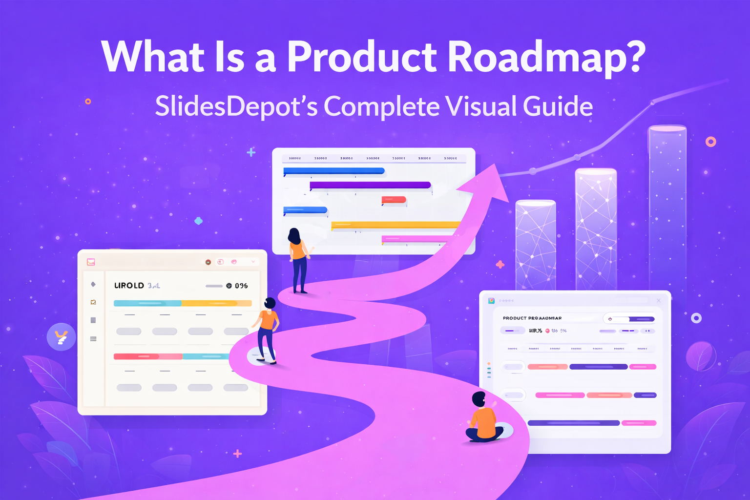 Illustration of a product roadmap concept showing a winding path leading to a dashboard with timeline bars, surrounded by analytics charts and UI panels, with small figures interacting with the roadmap under the title “What Is a Product Roadmap? SlidesDepot’s Complete Visual Guide.