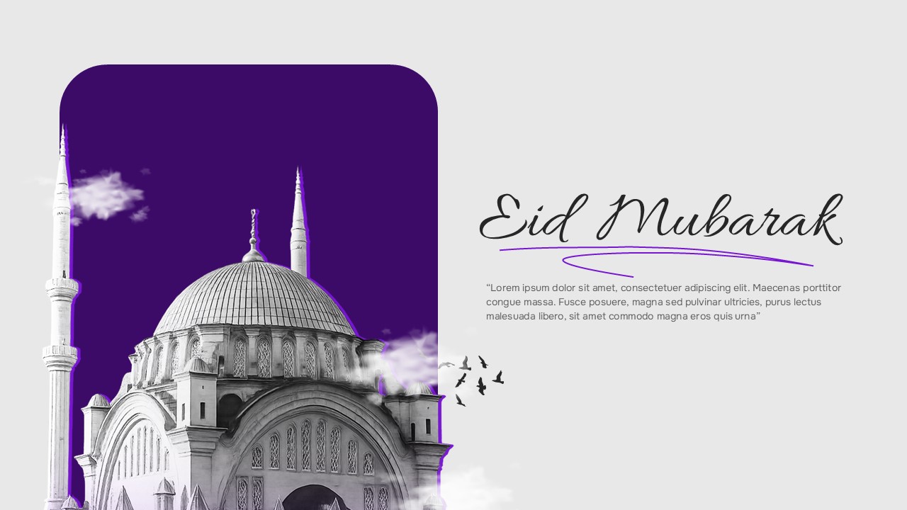 Eid Mubarak presentation slide with grayscale mosque on purple background and elegant script title layout.