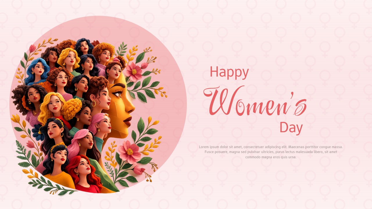Women’s Day slide with circular collage of diverse women portraits, floral accents, and pink background with headline text.