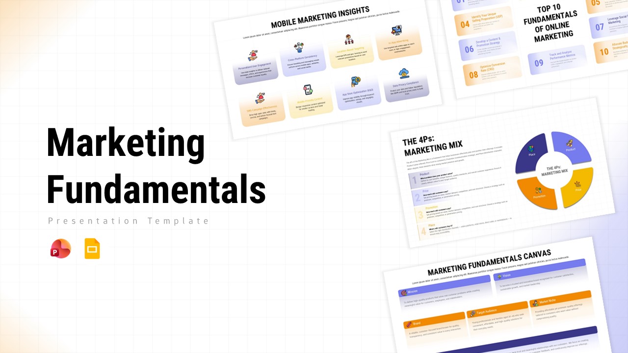 Marketing fundamentals presentation slide deck with marketing mix diagram, insights cards, and strategy layouts.
