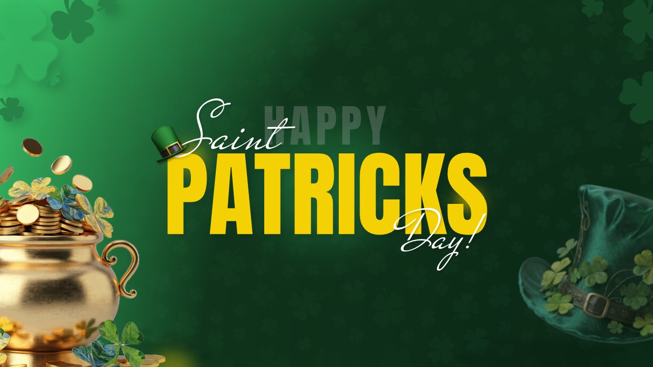 Festive St. Patrick’s Day slide background with green shamrocks, gold pot coins, and bold yellow Patrick’s Day headline layout.