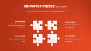 Four white puzzle pieces on orange gradient background with text placeholders and connecting dotted lines