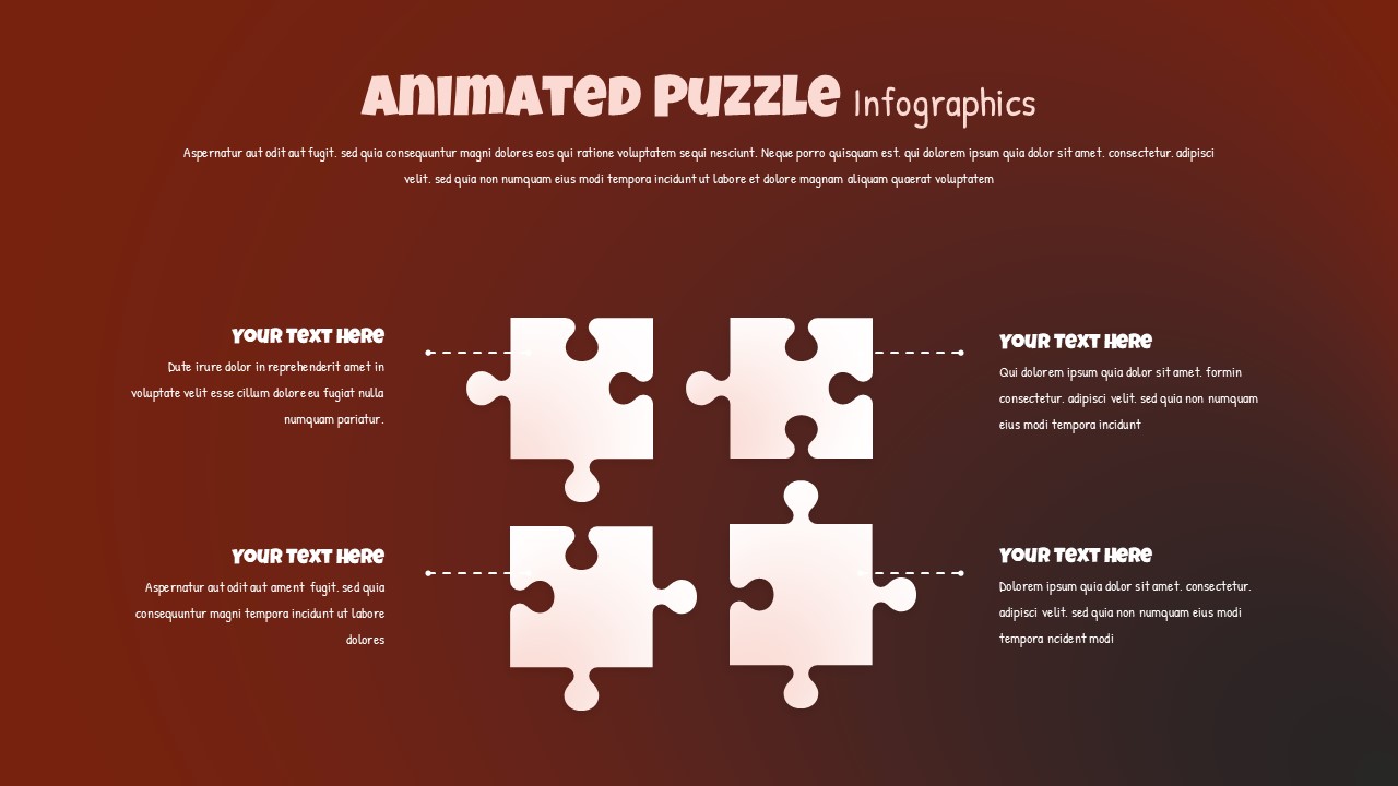 Four white puzzle pieces on dark orange-brown gradient background with text areas and dotted line connections