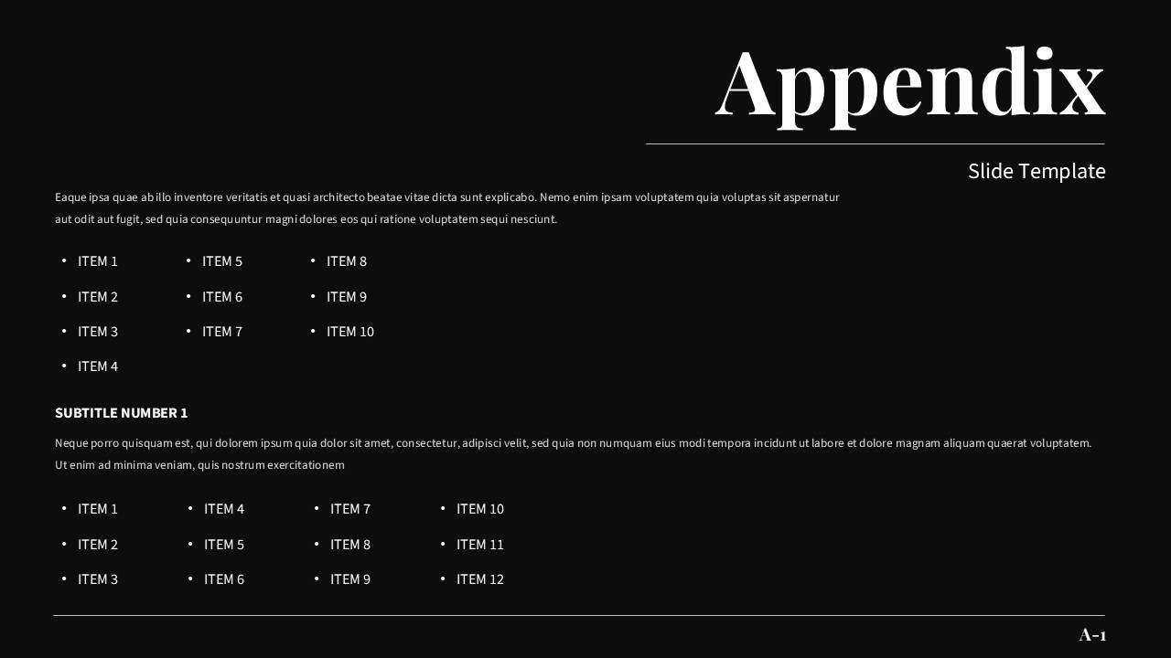 Dark theme appendix slide template with white text on black background
