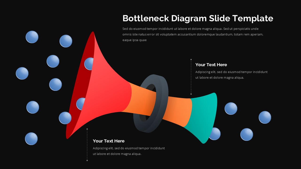 Dark theme bottleneck analysis slide template with gradient funnel design for Google Slides and PowerPoint