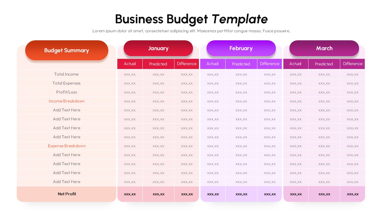 Business budget template with gradient design showing quarterly financial tracking layout for small business planning