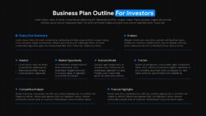 Dark business plan PowerPoint template for investors with comprehensive 8-section outline layout design