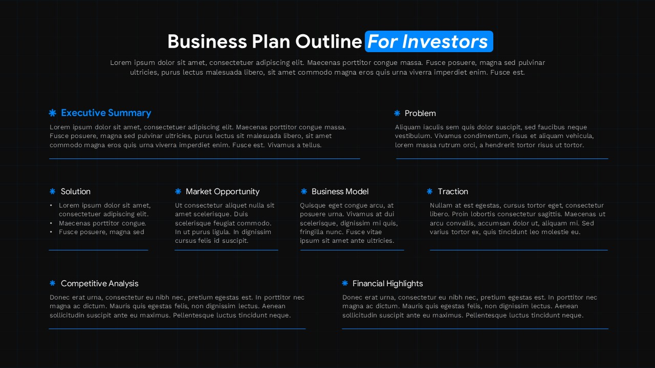 Dark business plan PowerPoint template for investors with comprehensive 8-section outline layout design