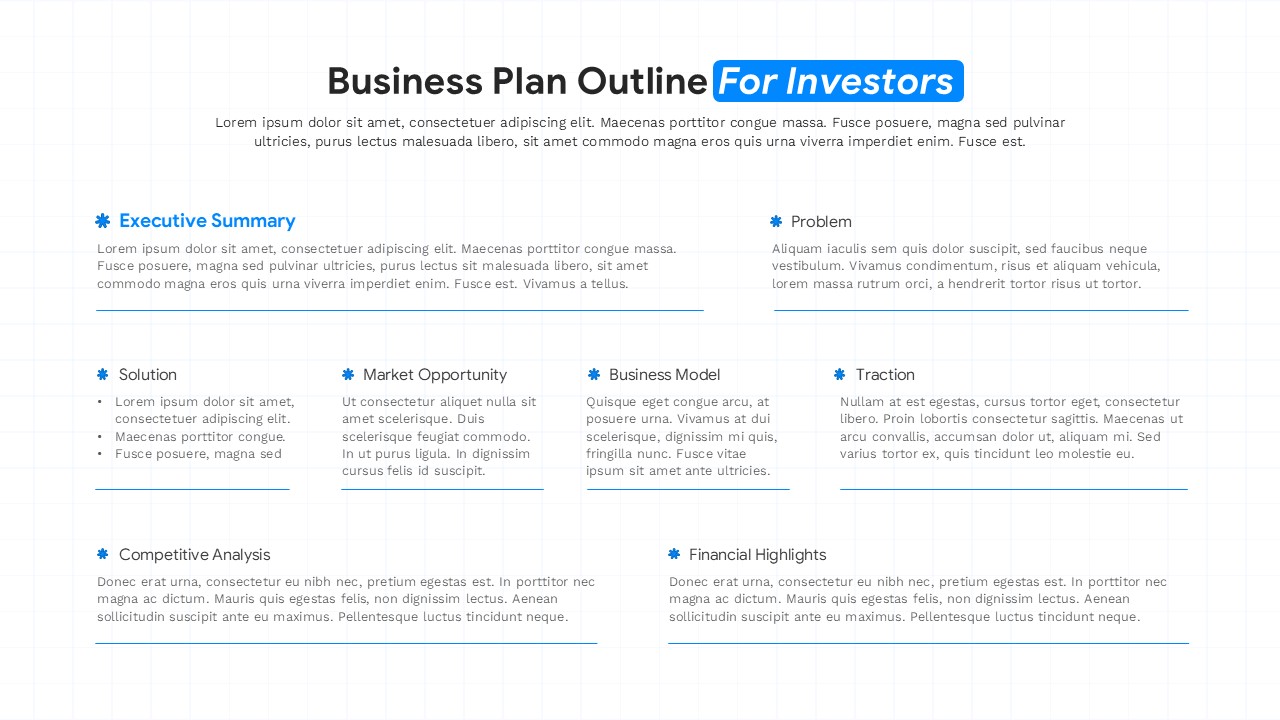 Business plan outline PowerPoint template with 8-section layout for investor presentations on white background