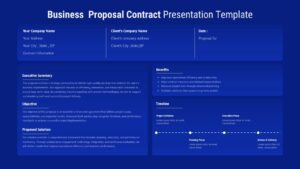 Executive-level business proposal template in navy blue for formal client presentations and contract negotiations