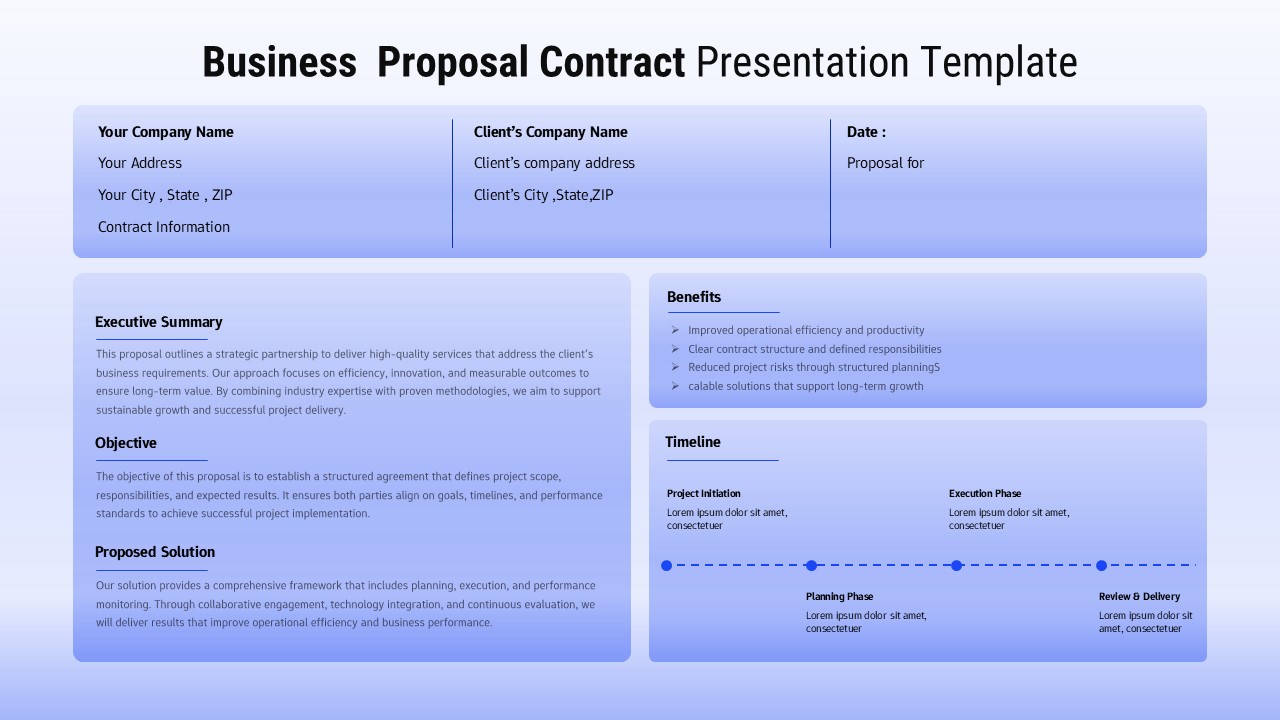 Business consultant's winning proposal template showcasing strategic partnership framework with timeline and benefits