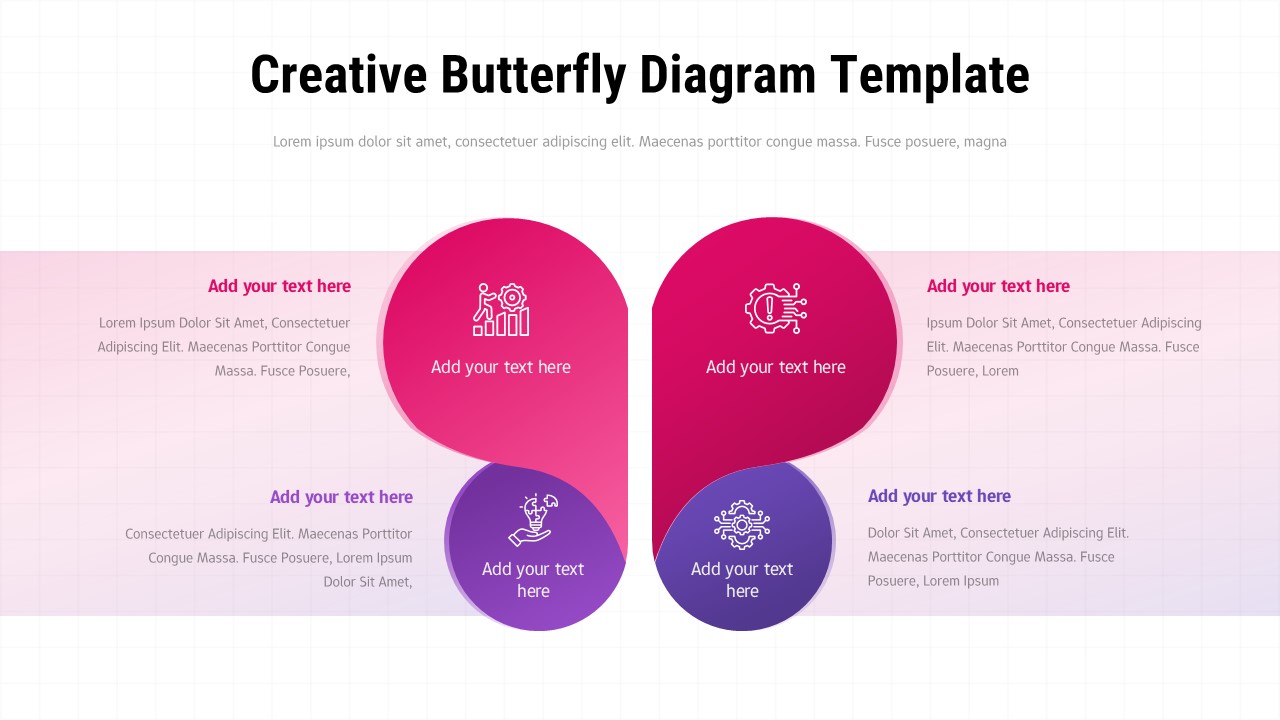 Creative butterfly diagram PowerPoint template with four colorful circles for business presentations and process flows