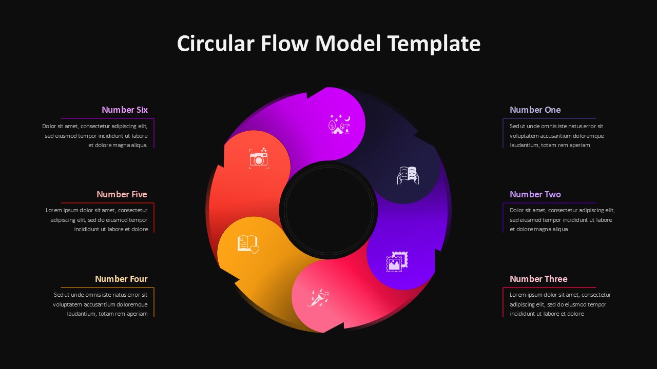 Dark background circular flow PowerPoint template with rainbow gradient segments for professional process diagrams
