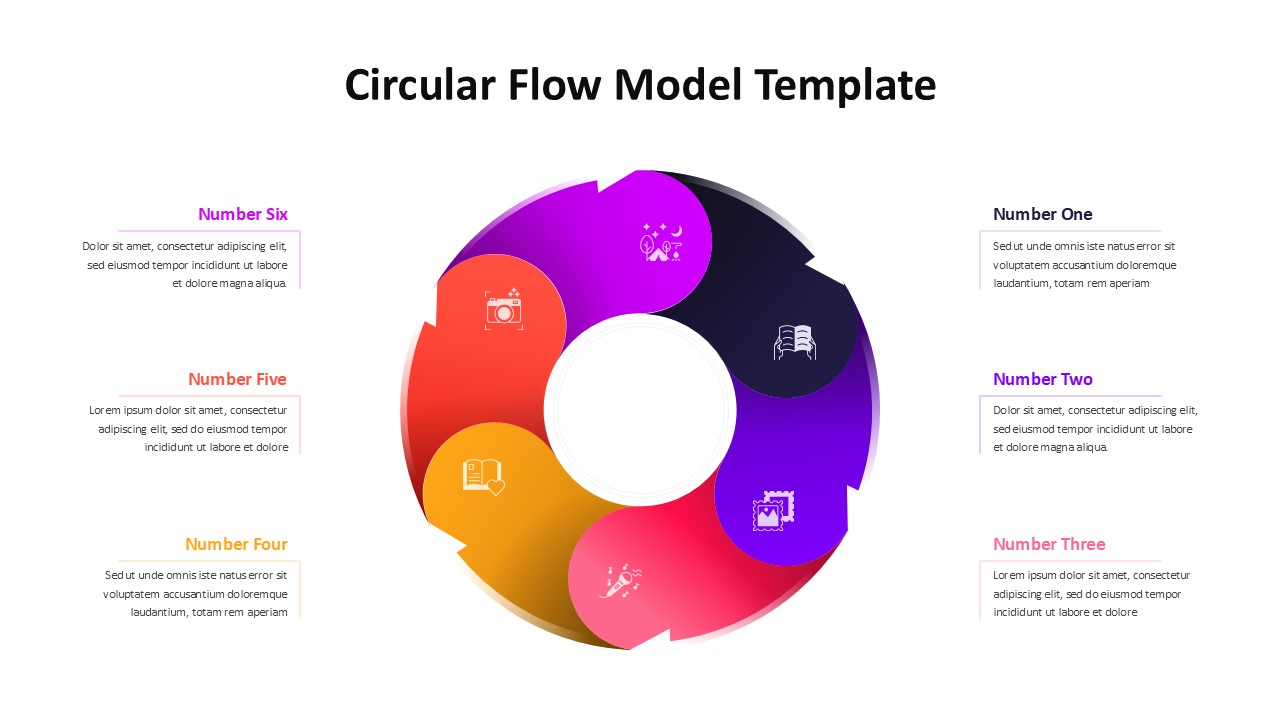 Circular flow model PowerPoint template with 6 colorful interconnected segments for business process presentations
