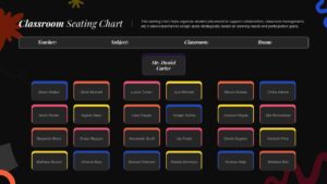 Dark theme classroom seating chart template showing 24 student positions for professional presentation settings