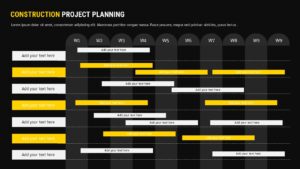 Dark theme construction Gantt chart template with yellow task bars
