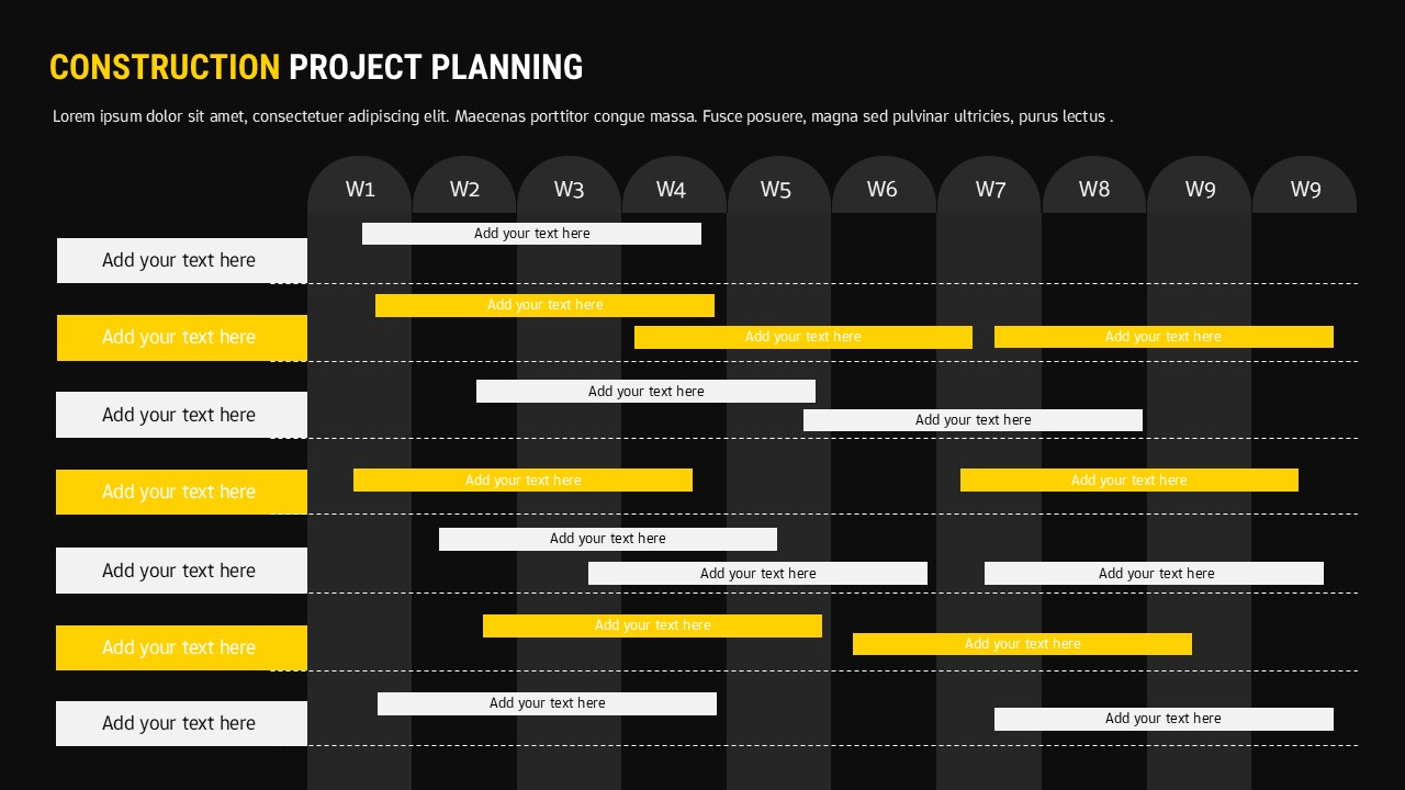 Dark theme construction Gantt chart template with yellow task bars