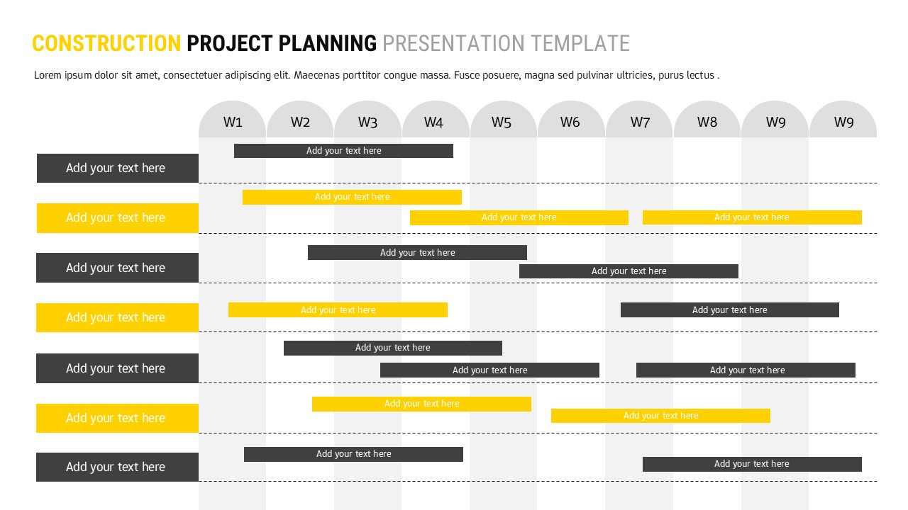 Construction project Gantt chart template with yellow and gray task bars