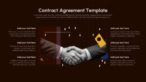 Dark theme contract agreement slide template with professional handshake and geometric design elements