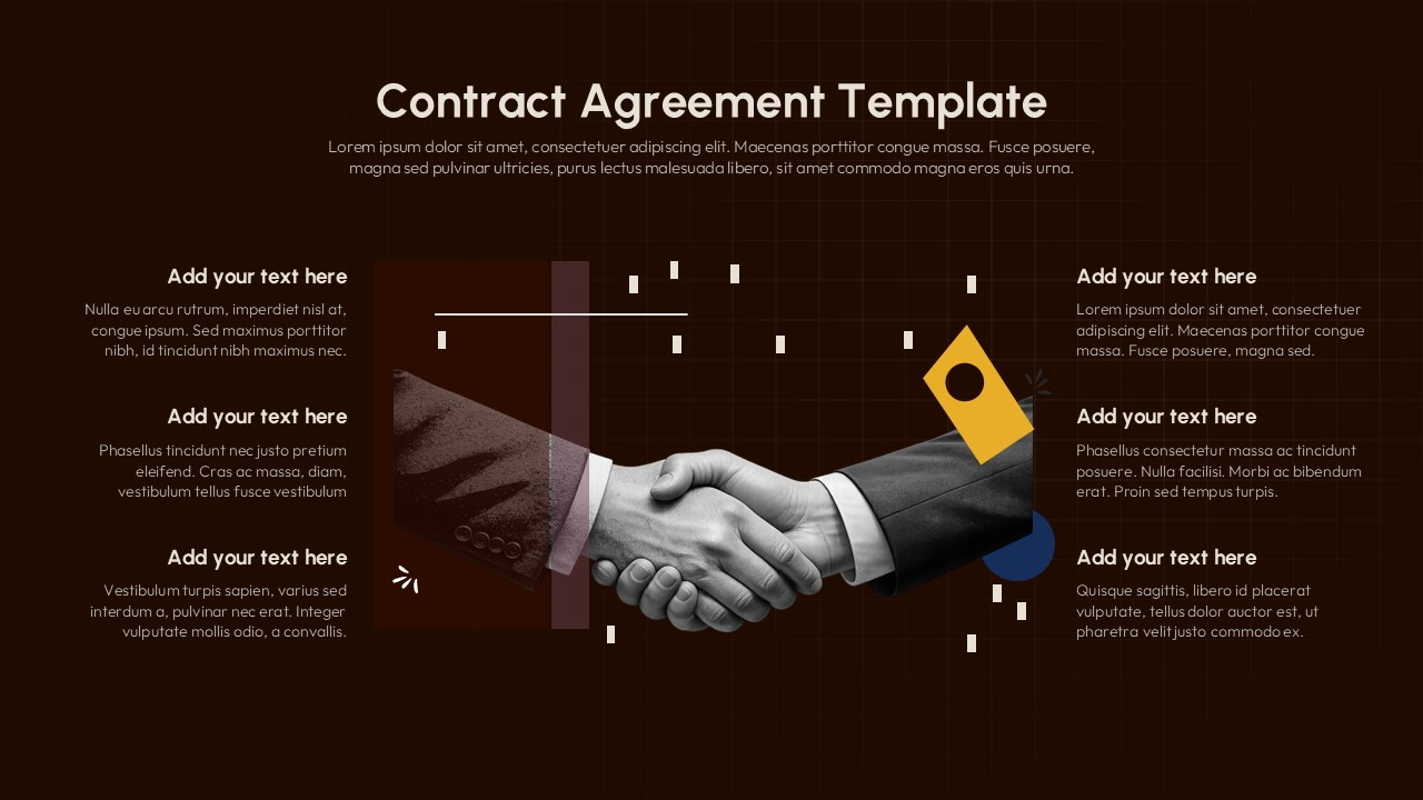 Dark theme contract agreement slide template with professional handshake and geometric design elements