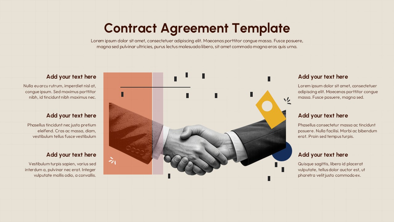 Contract agreement PowerPoint template with handshake image and six customizable text sections on beige background