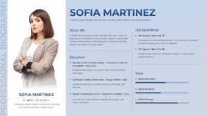 Professional biography PowerPoint template with blue design, featuring portrait photo and resume sections layout