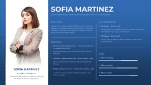 Creative resume PowerPoint template in blue theme showing Sofia Martinez profile with skills, experience sections