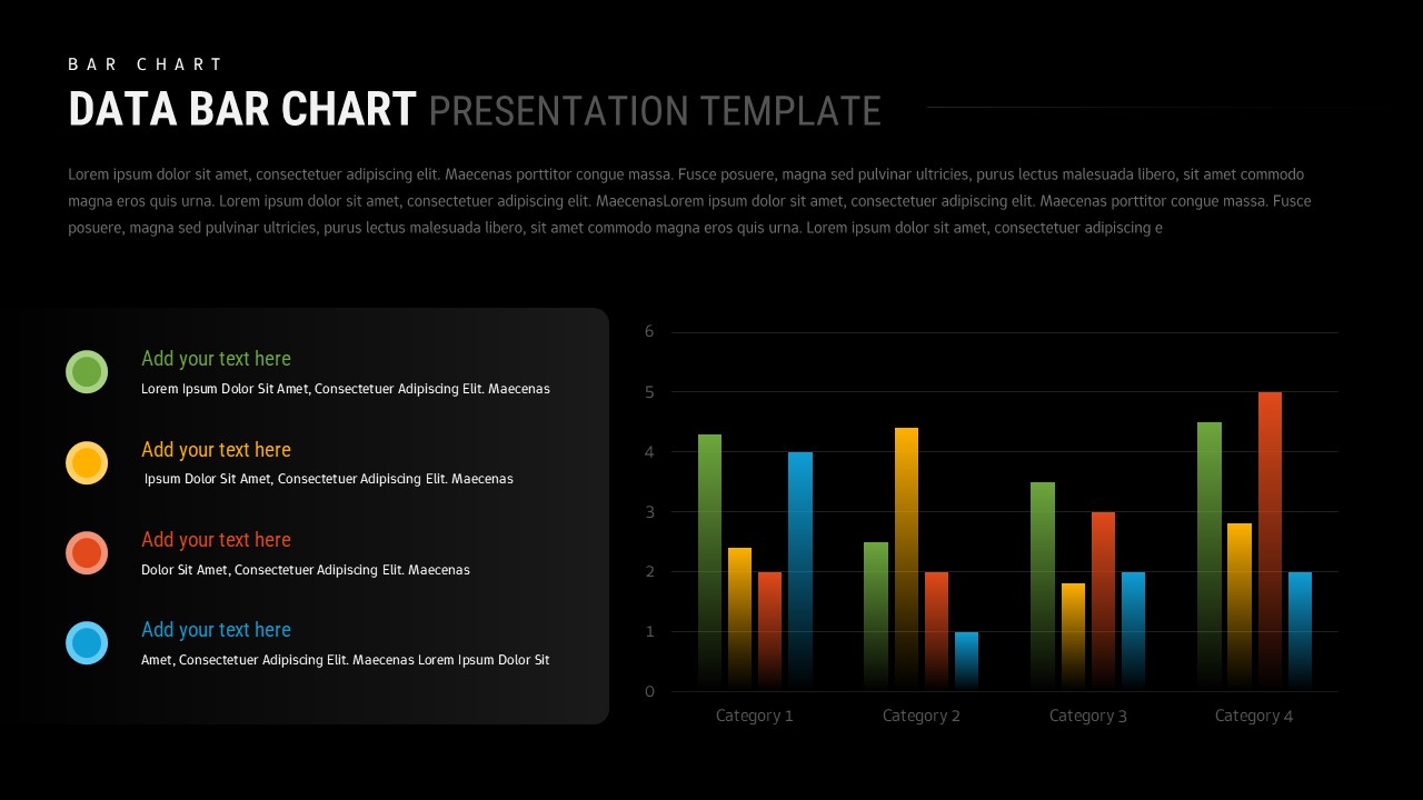 Dark theme data bar chart template with colored legend sidebar and grouped bar chart on black background