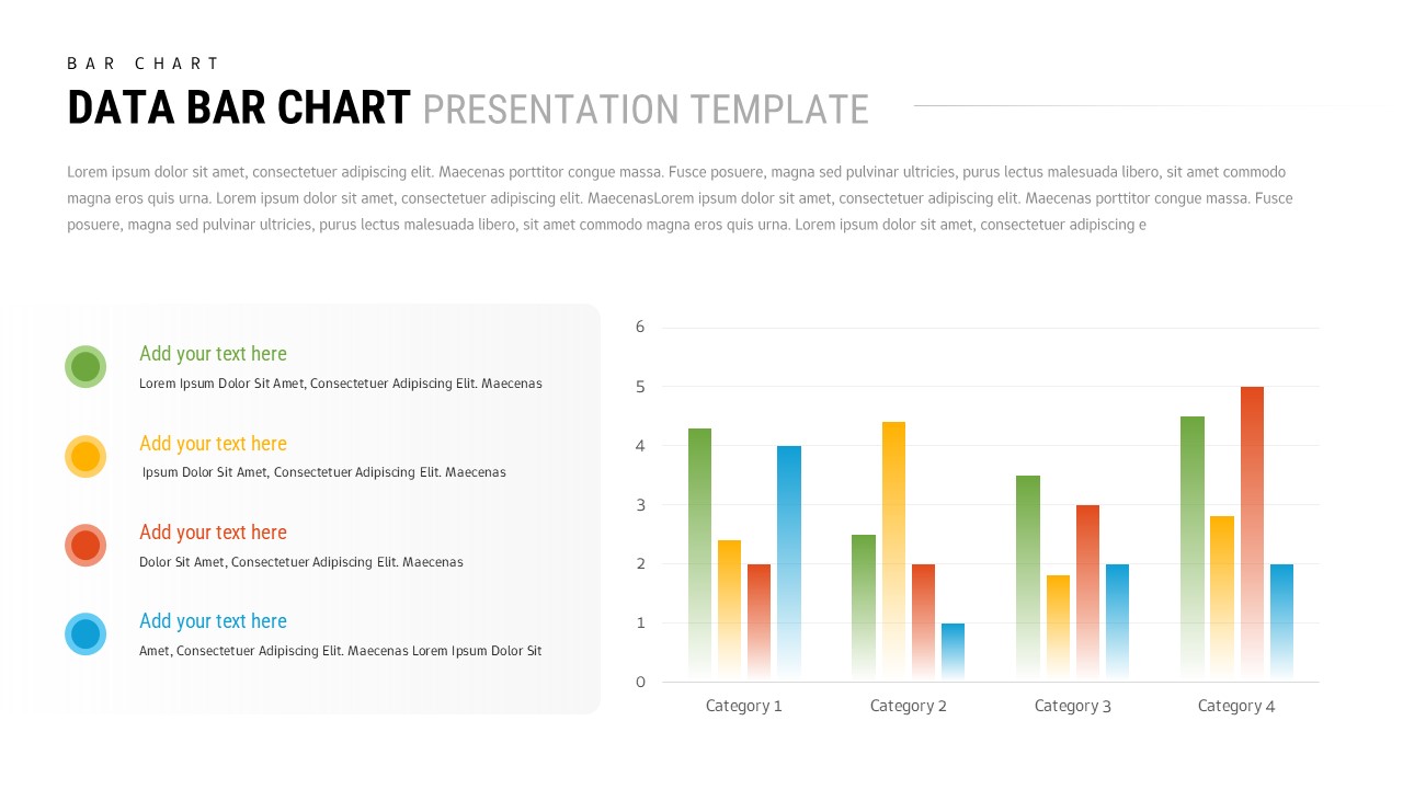 Light theme data bar chart template with 4-color legend sidebar and grouped bar chart showing categories 1-4