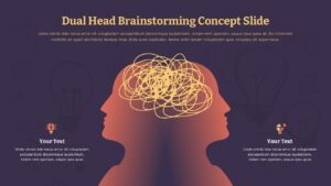 Purple brainstorming template slide with dual head silhouettes, text placeholders, and lightbulb icons for ideas
