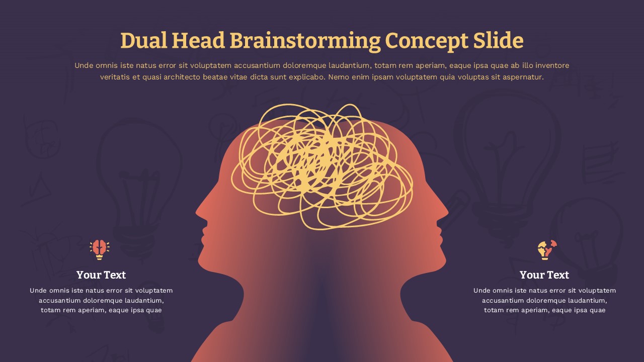 Purple brainstorming template slide with dual head silhouettes, text placeholders, and lightbulb icons for ideas