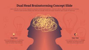 Dual head brainstorming PowerPoint template with orange background, purple head silhouettes, and collaboration concept