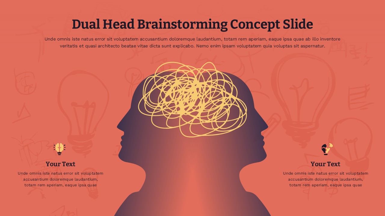 Dual head brainstorming PowerPoint template with orange background, purple head silhouettes, and collaboration concept