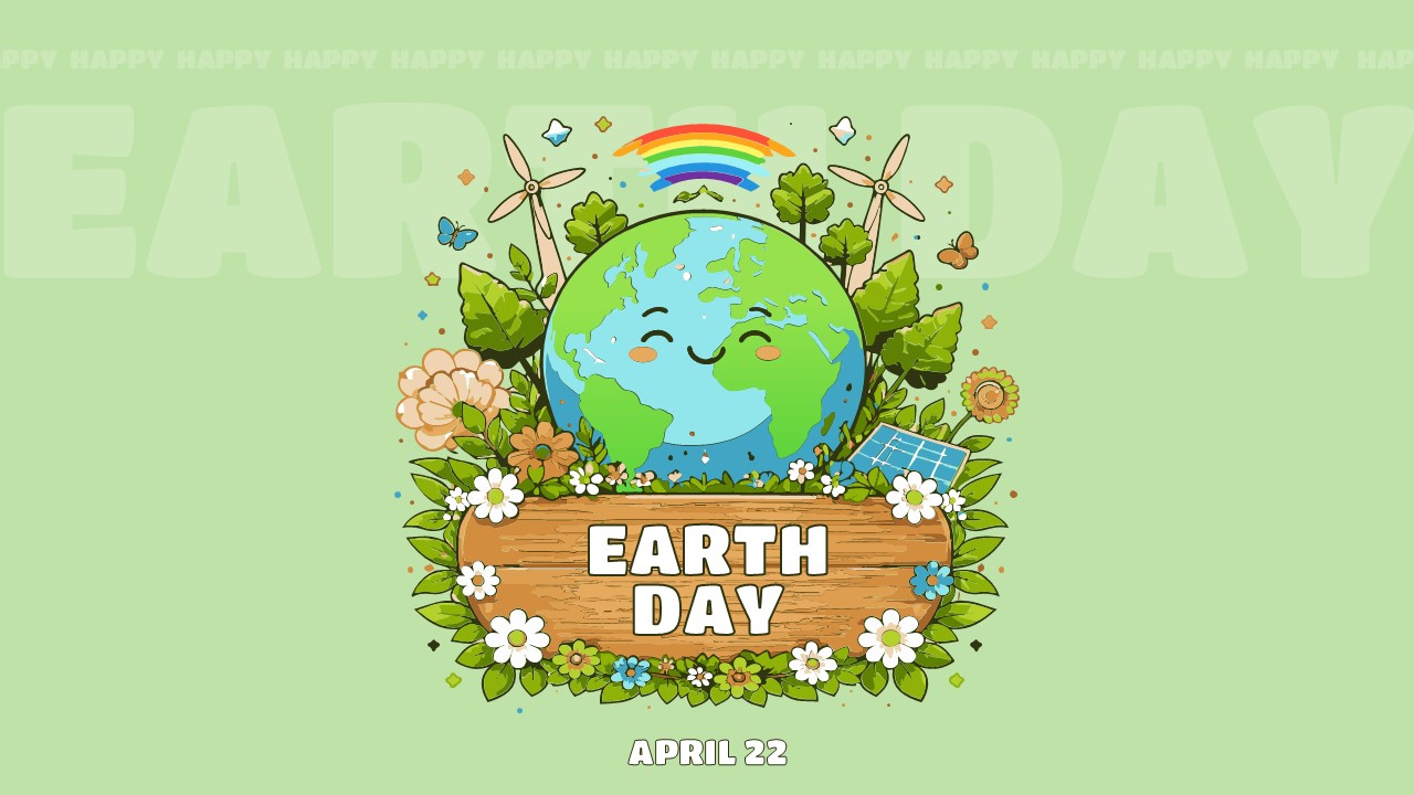 Earth Day template with cartoon Earth character, rainbow, and eco elements