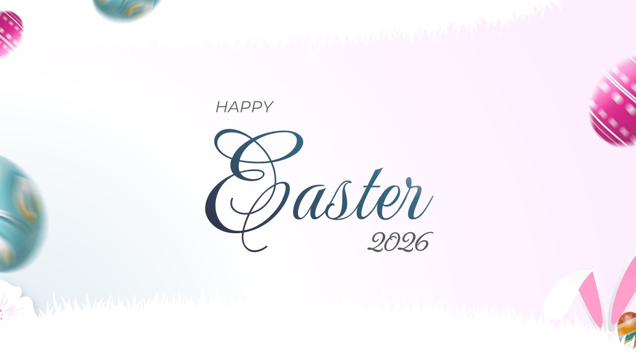 Happy Easter 2026 text with colorful Easter eggs and bunny ears decoration