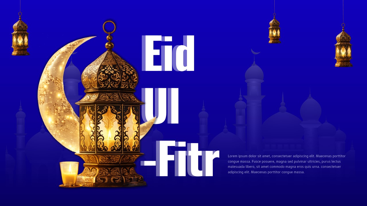 Eid Ul Fitr presentation slide featuring golden lantern and crescent moon on deep blue background with mosque silhouettes.