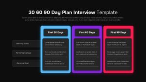 30-60-90 day plan template with dark theme - identical layout with black background and colorful gradient headers