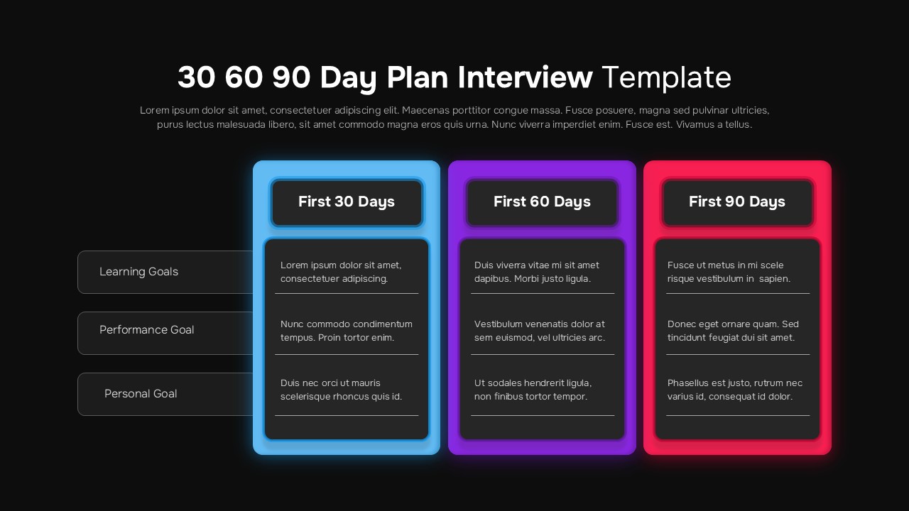 30-60-90 day plan template with dark theme - identical layout with black background and colorful gradient headers