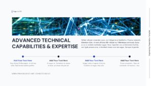 Engineering capabilities slide with technology network imagery and horizontal timeline layout