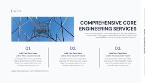 Engineering services slide template with electrical tower image and three-column layout design
