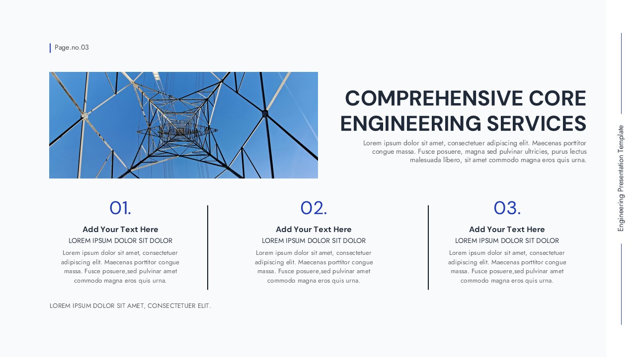 Engineering services slide template with electrical tower image and three-column layout design