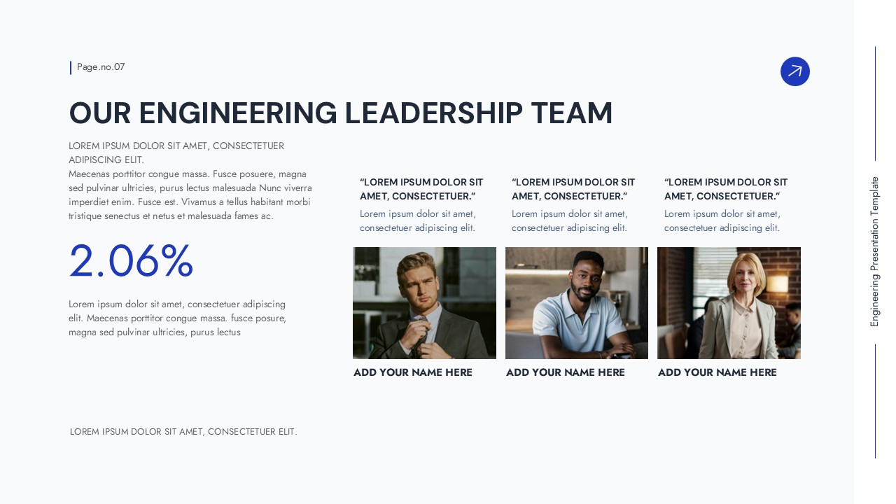 Engineering team presentation slide with professional headshots and statistics layout