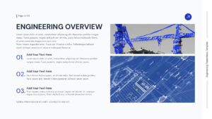 Engineering overview slide template with construction crane imagery and numbered list layout