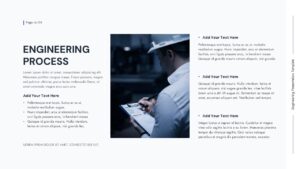 Engineering process slide showing professional engineer with tablet and two-column content layout