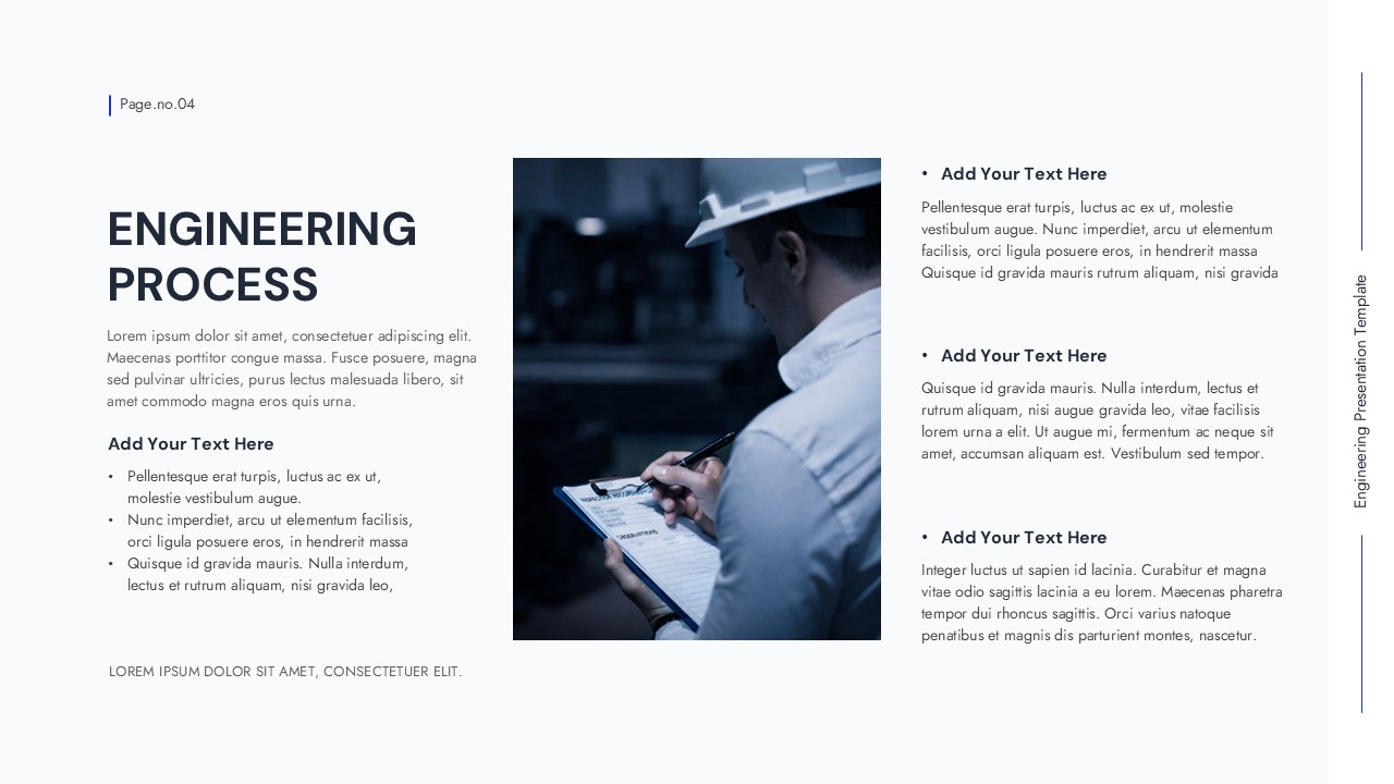 Engineering process slide showing professional engineer with tablet and two-column content layout