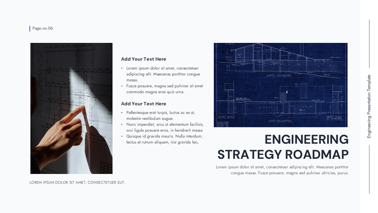 Engineering strategy roadmap slide with blueprint imagery and multi-section content layout